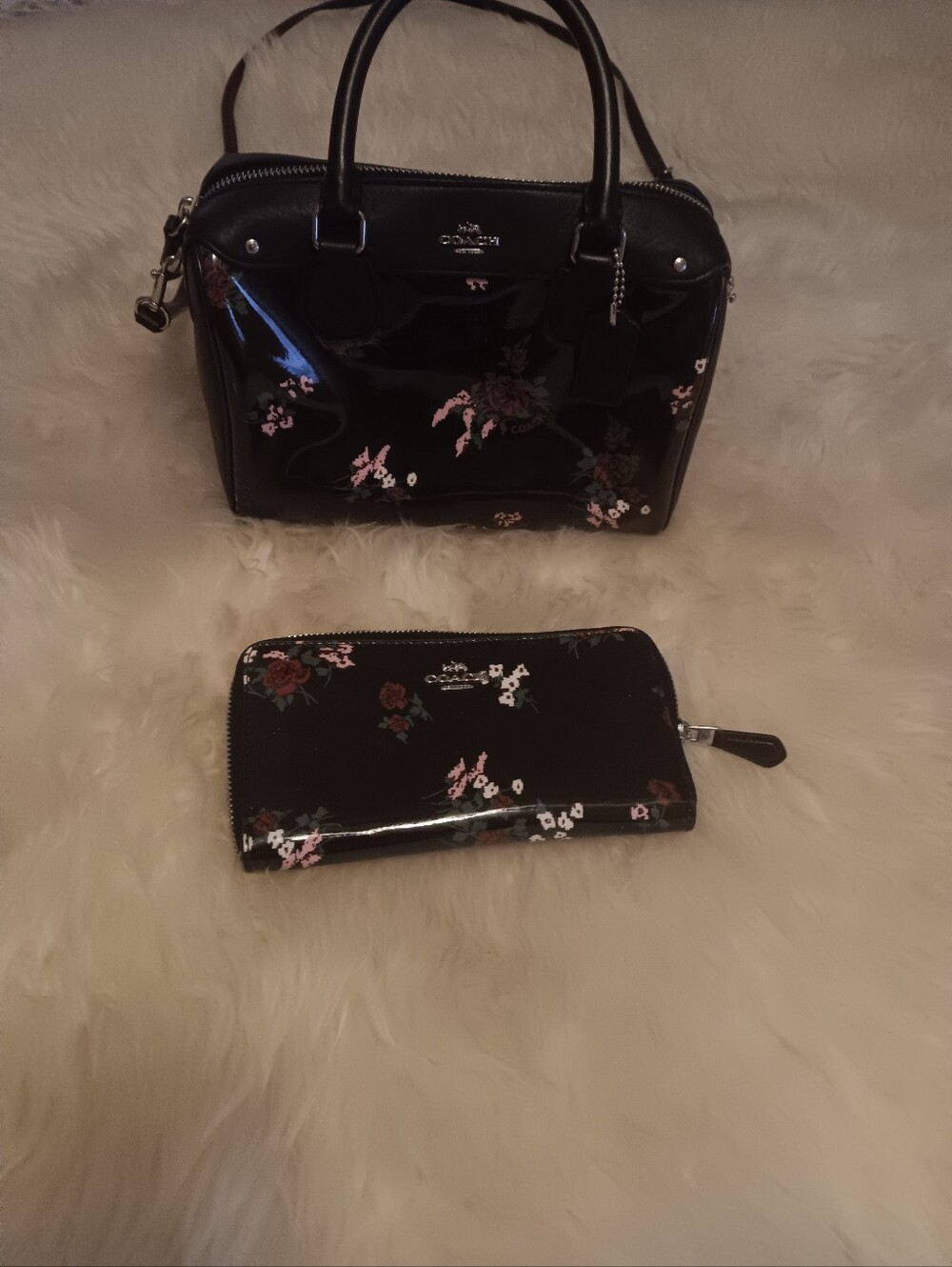 Coach Black Patent Floral Satchel and Zip-Around Wallet Set